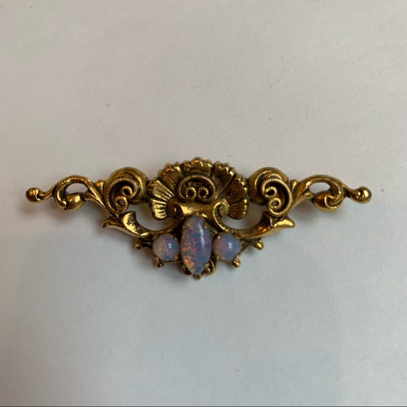 Gold Tone Faux Opal Vintage Bar Brooch Scrolls Victorian Baroque Style - Picture 2 of 6